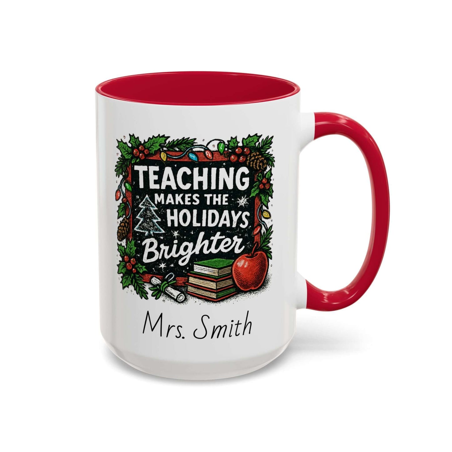 Personalized teacher holiday mug with festive design, marshmallows, and candy cane for a joyful gift.