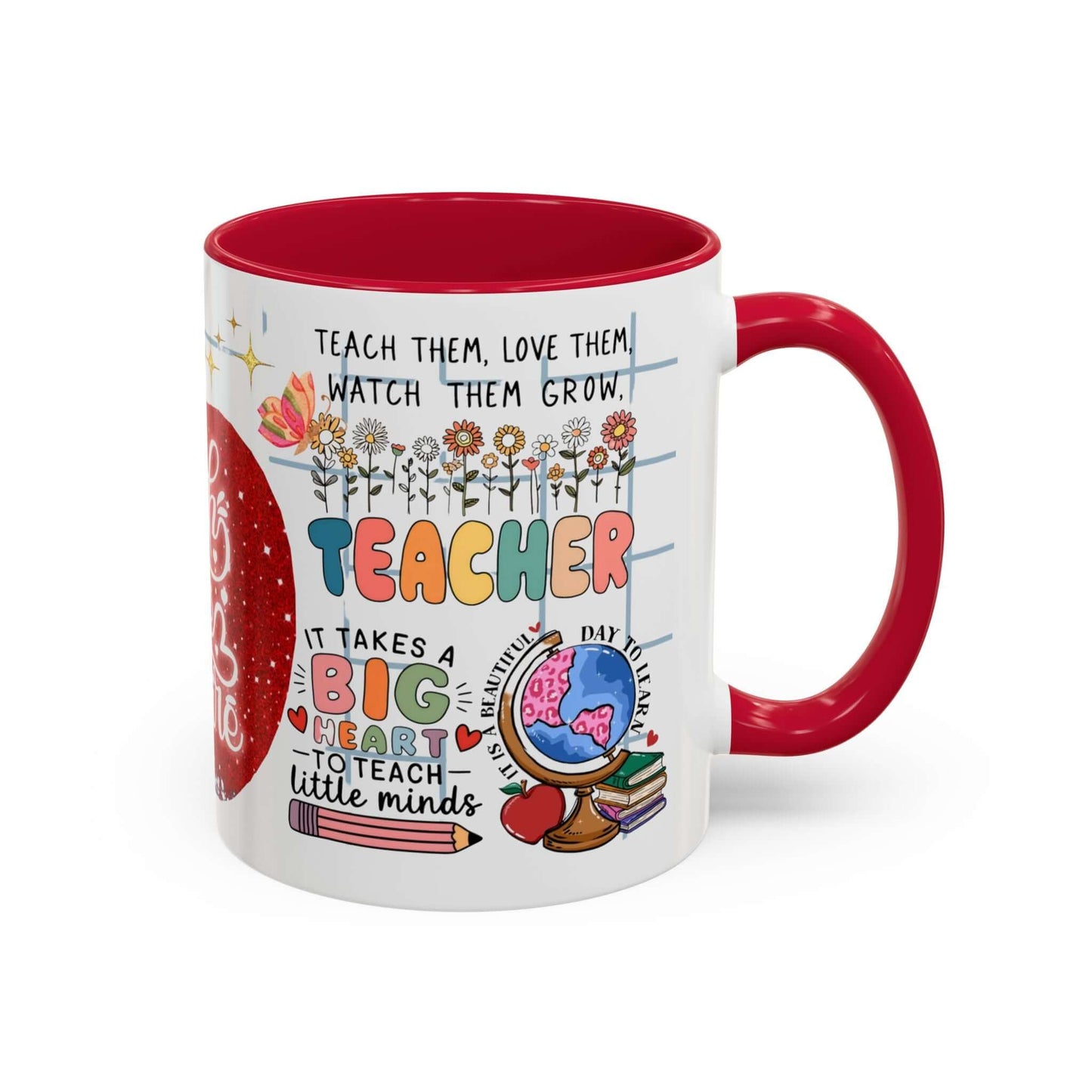 Colorful Teacher Appreciation Coffee Mug featuring inspiring quotes and illustrations, perfect gift for educators.
