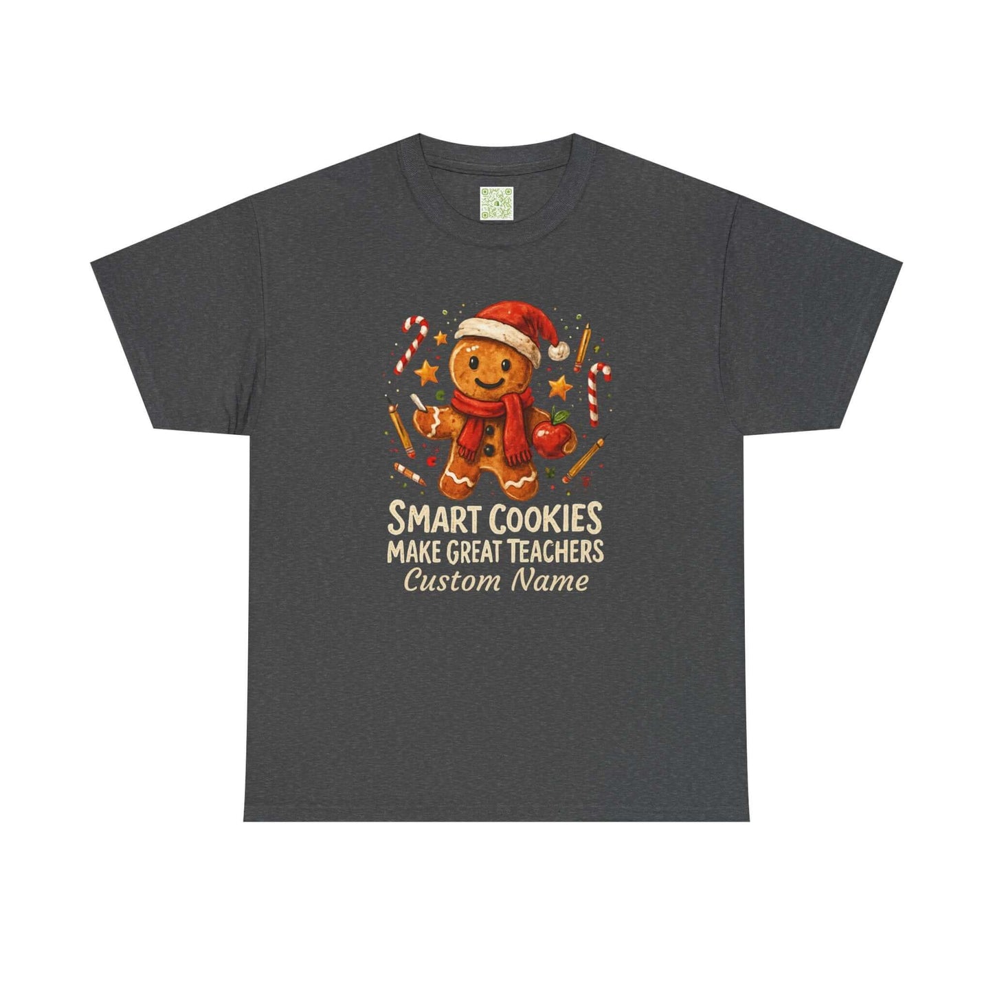 Gingerbread teacher holiday shirt with the phrase 'Smart Cookies Make Great Teachers' and festive decorations.