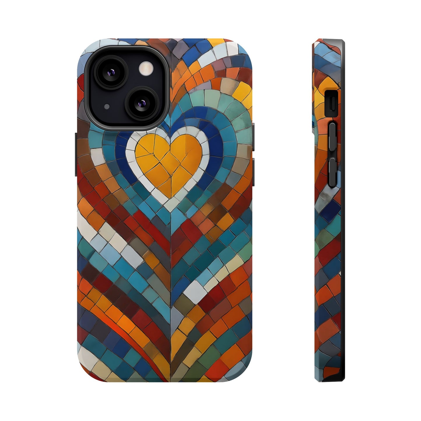 Magnetic Heart Mosaic iPhone Case, Faux Stained Glass, Trendy Phone Cover, Artistic Phone Case, Wireless Charging