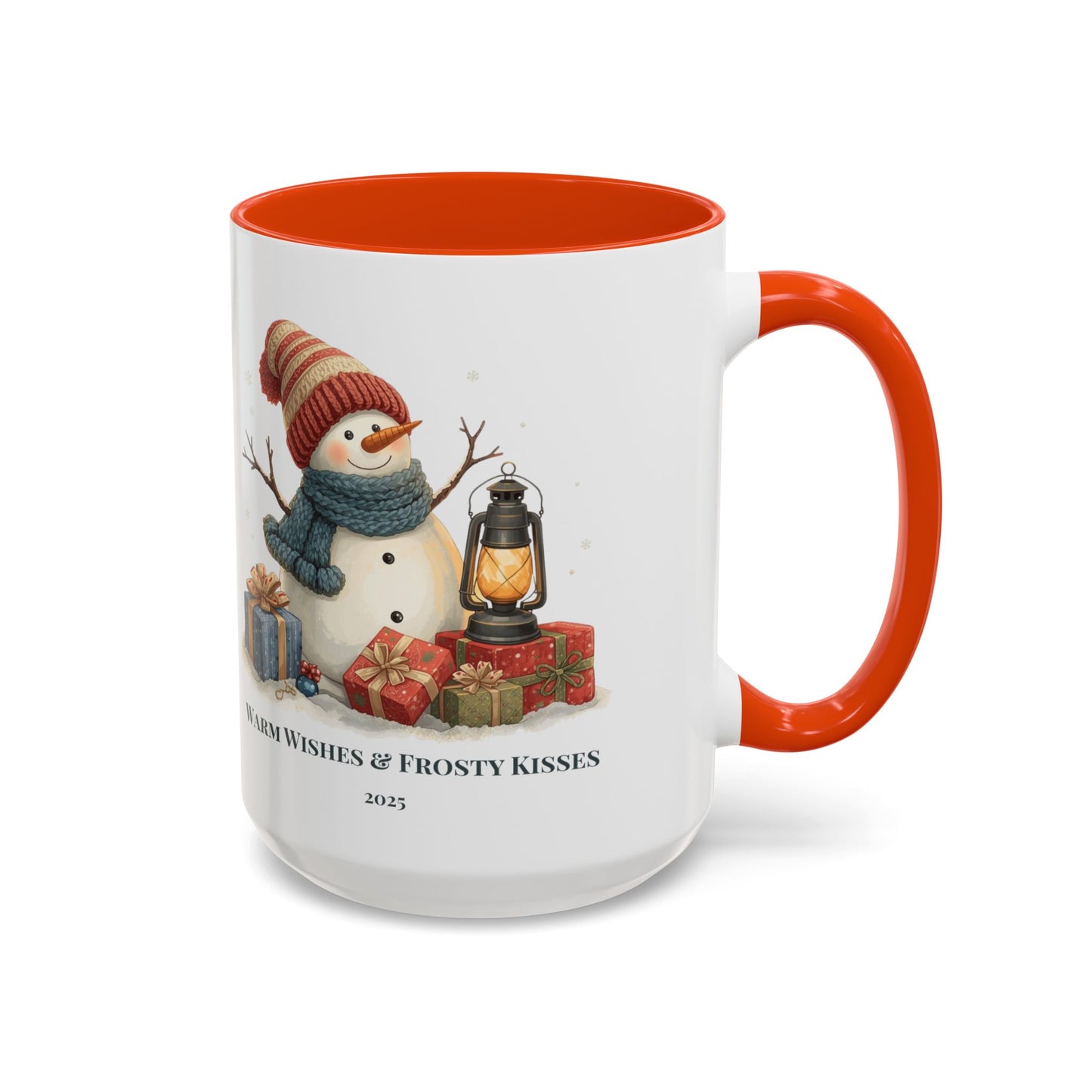 Snowman coffee mug with warm wishes and frosty kisses message, featuring a cheerful snowman and lantern design.