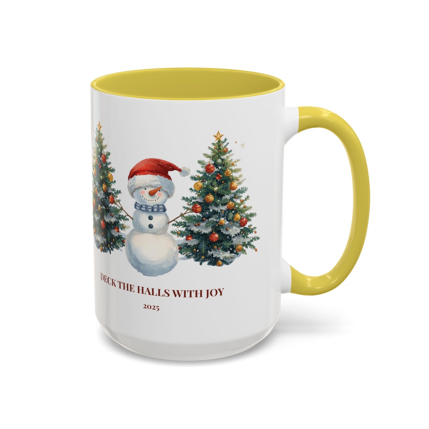 Festive snowman coffee mug featuring cheerful Christmas trees and a joyful holiday design.
