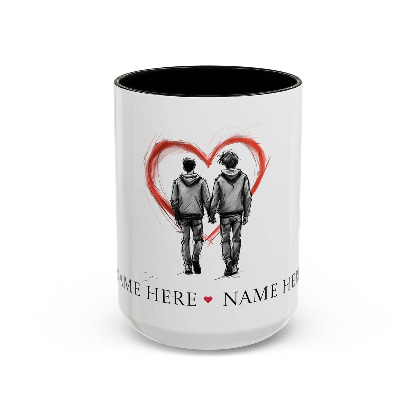 Personalized gay couple coffee mug with names, heart design, perfect for anniversaries and weddings.