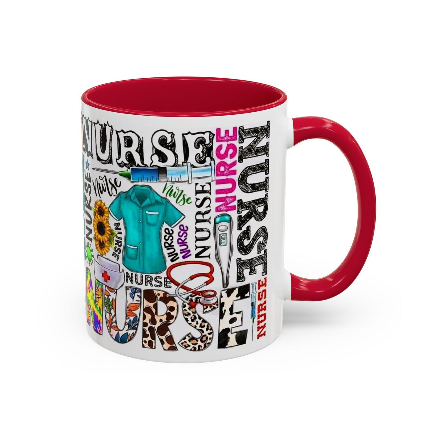 Colorful nurse coffee mug held by hands, ideal gift for nurse appreciation or nursing students.