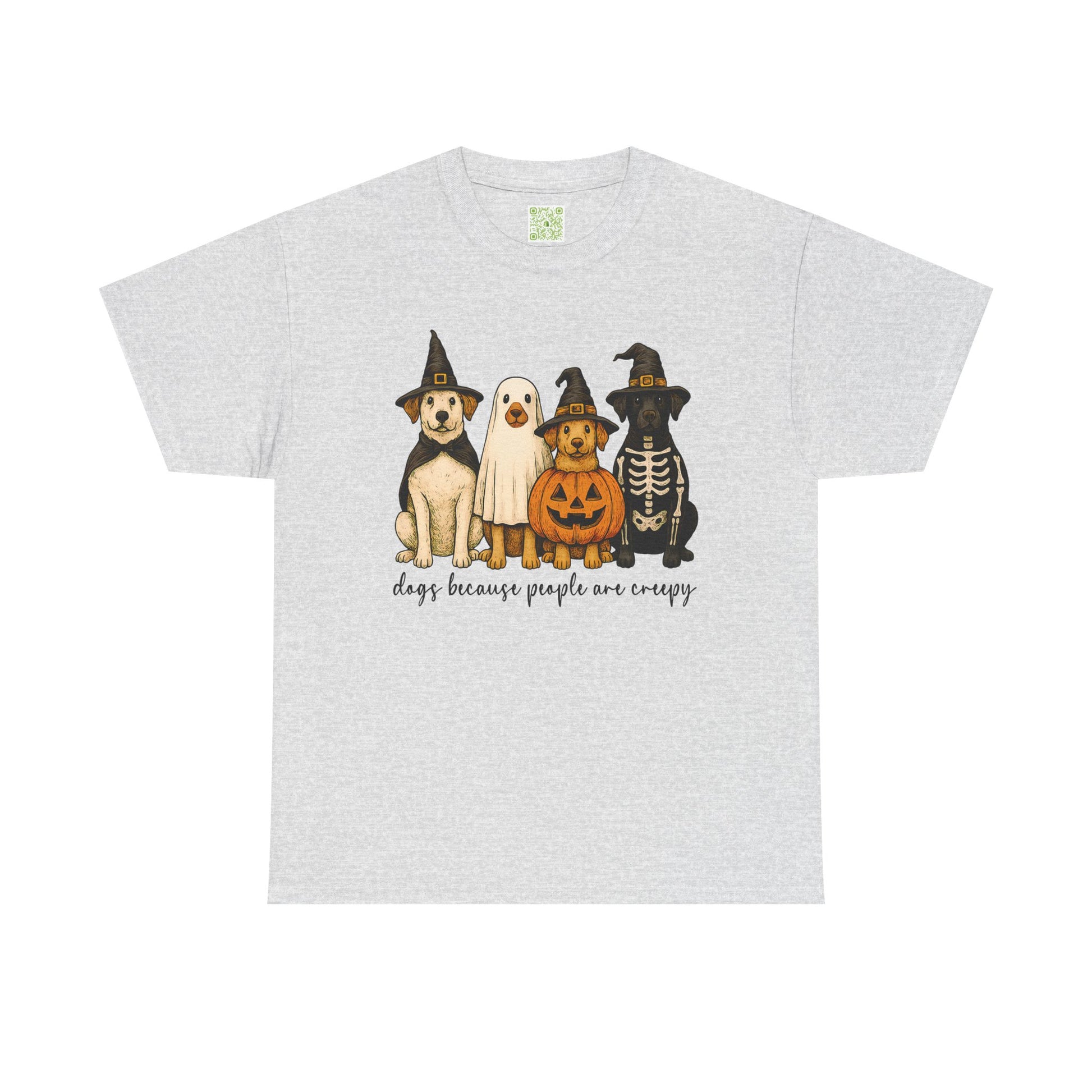 Woman wearing a maroon Halloween Dog Lovers Tee with a ghost, pumpkin, and dogs graphic.