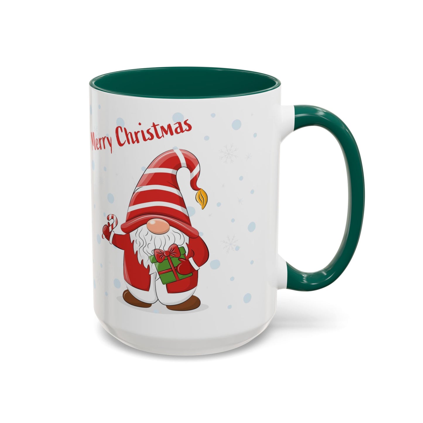 Merry Christmas gnome mug with candy cane and gift design, perfect for holiday beverages.