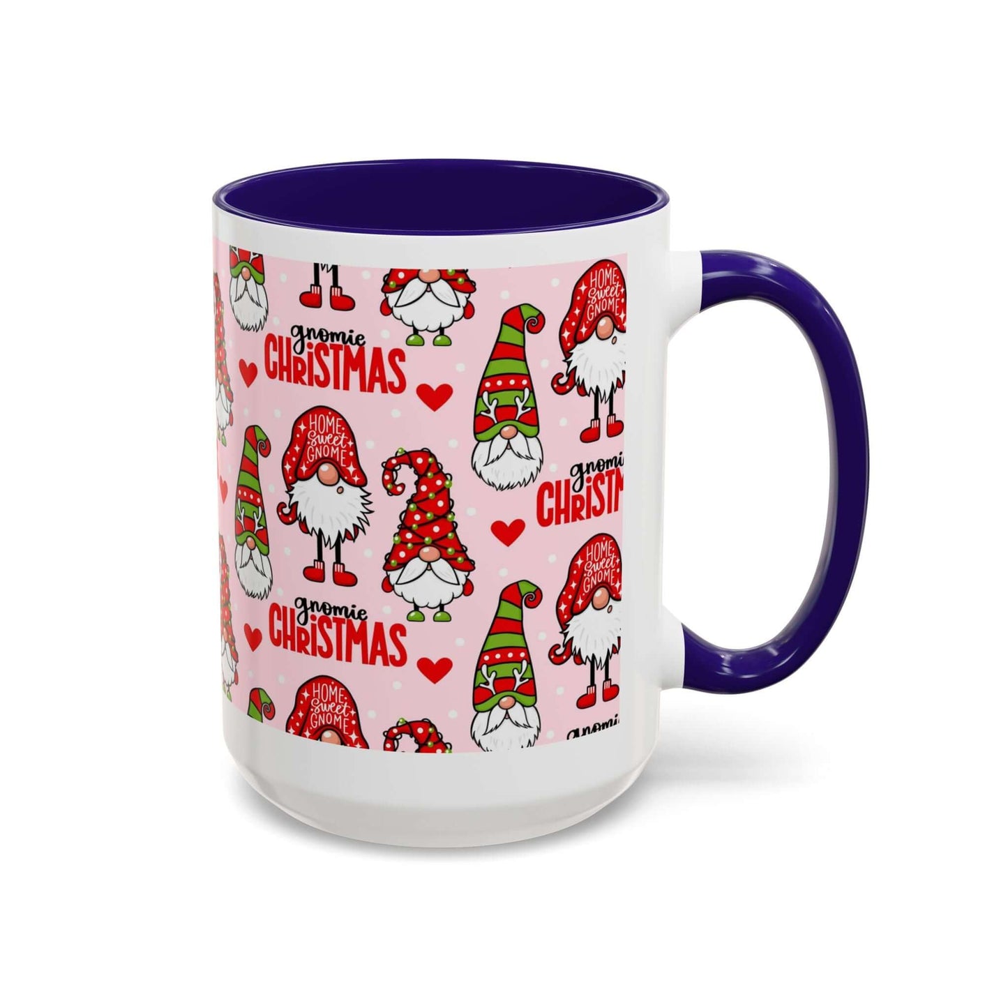 Festive Christmas gnome coffee mug with colorful designs on a pink background and a purple handle.