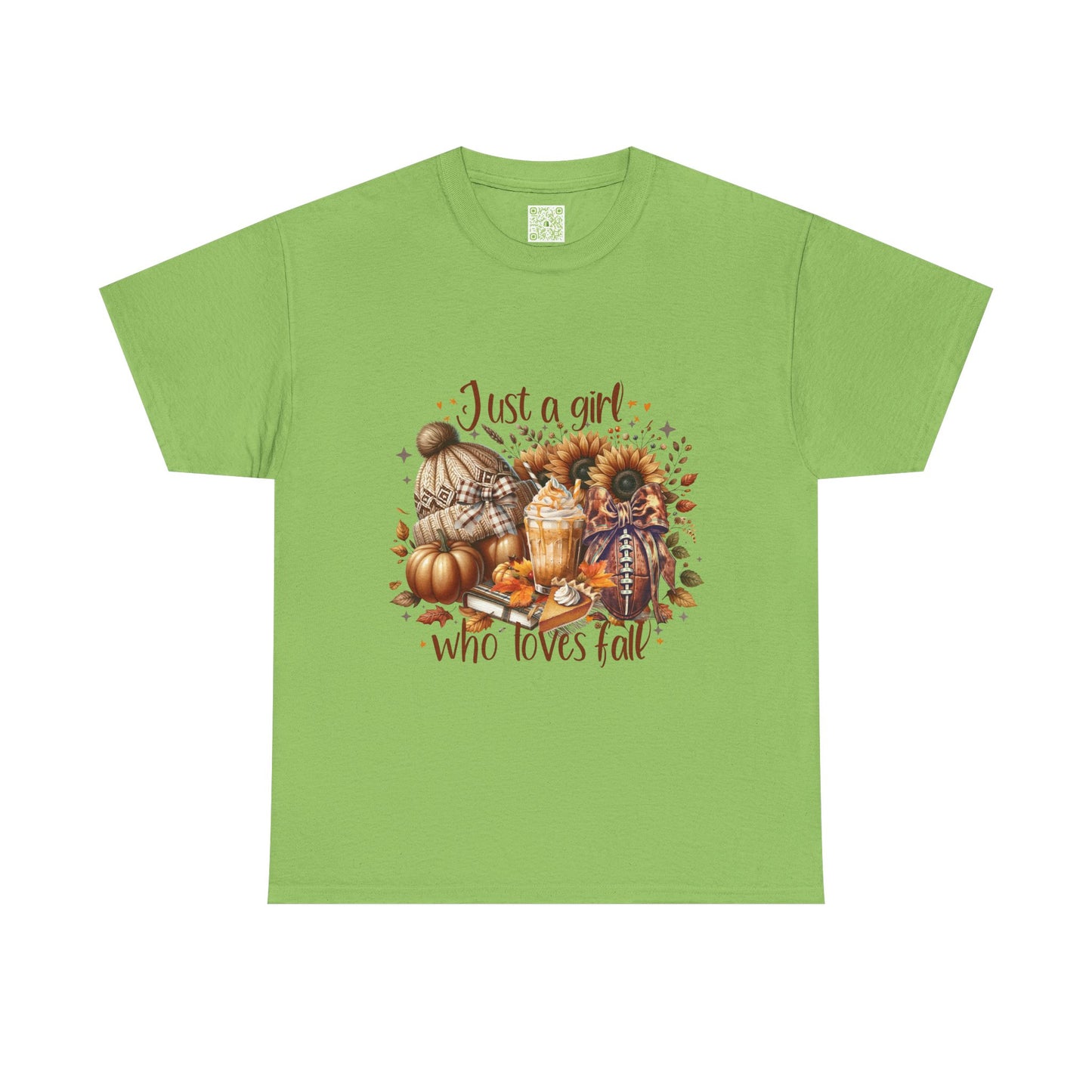  Fall-themed unisex tee featuring 'Just a Girl Who Loves Fall' design, perfect for autumn wear.