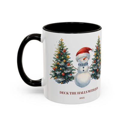 Festive snowman coffee mug featuring cheerful Christmas trees and a joyful holiday design.