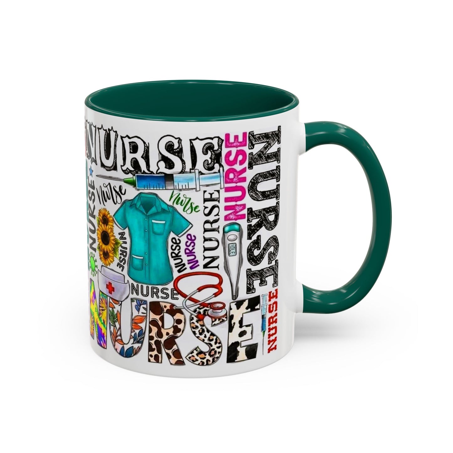 Colorful nurse coffee mug held by hands, ideal gift for nurse appreciation or nursing students.