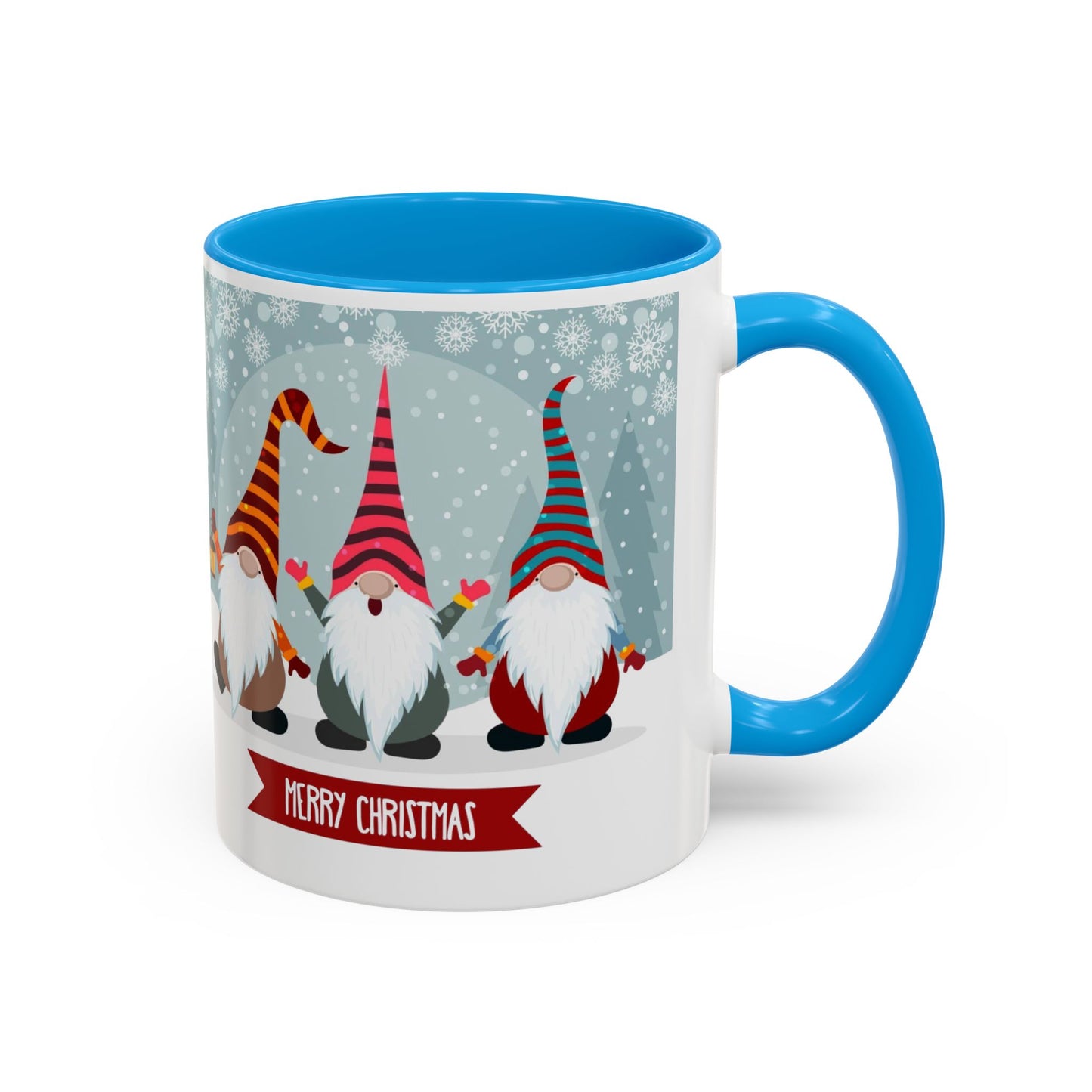 Merry Christmas gnome mug featuring colorful gnomes in festive hats, perfect for holiday coffee.