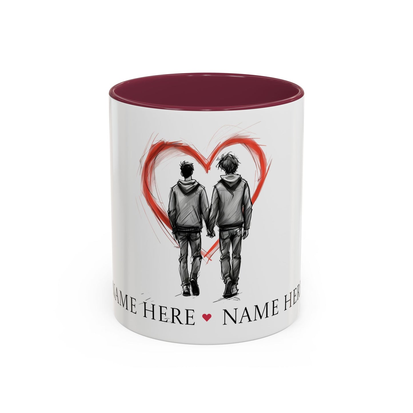 Personalized gay couple coffee mug with names, heart design, perfect for anniversaries and weddings.