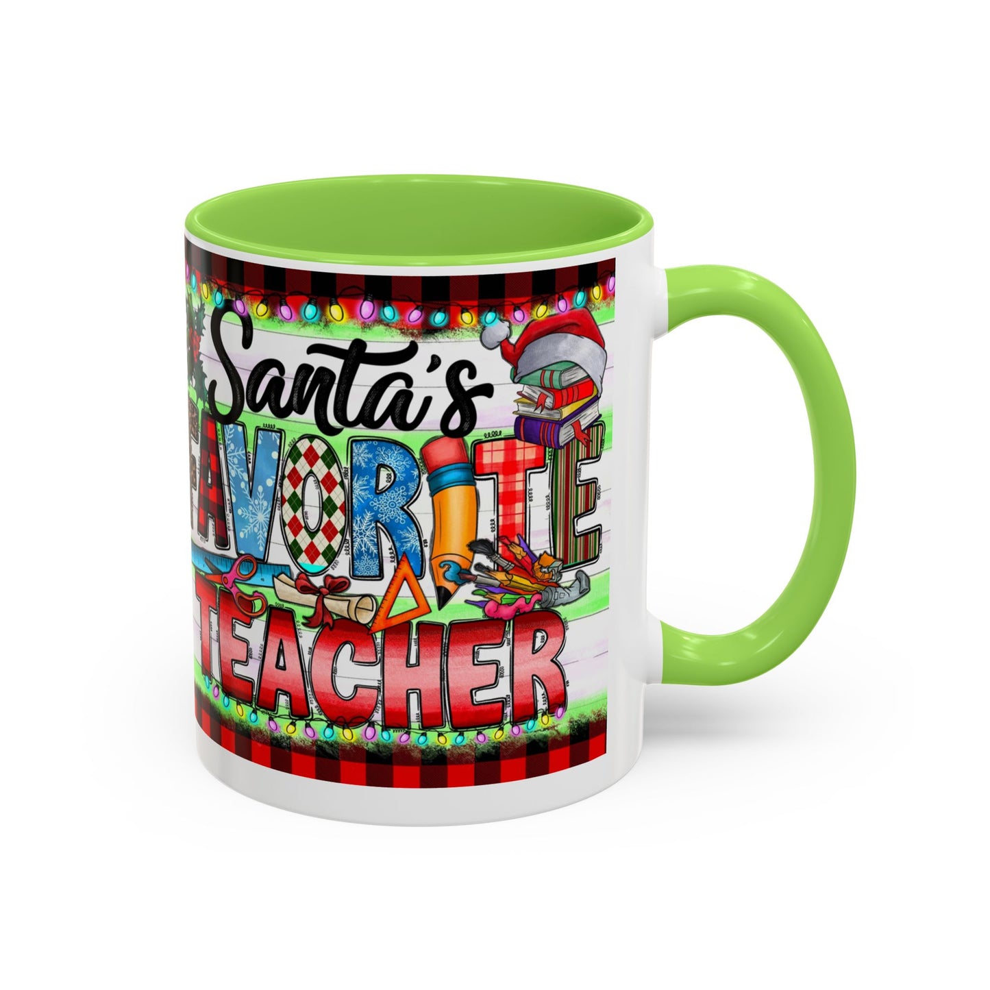  Santa's favorite teacher mug, perfect holiday gift for educators with festive design and vibrant colors.
