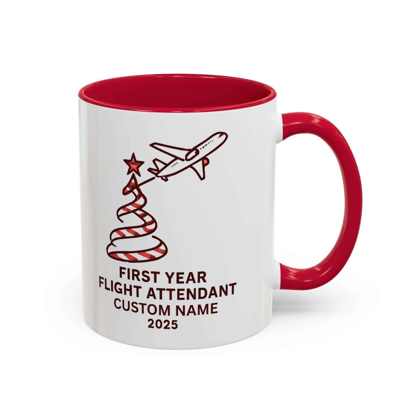 Custom first year flight attendant mugs with festive design, perfect for holiday keepsakes in aviation.