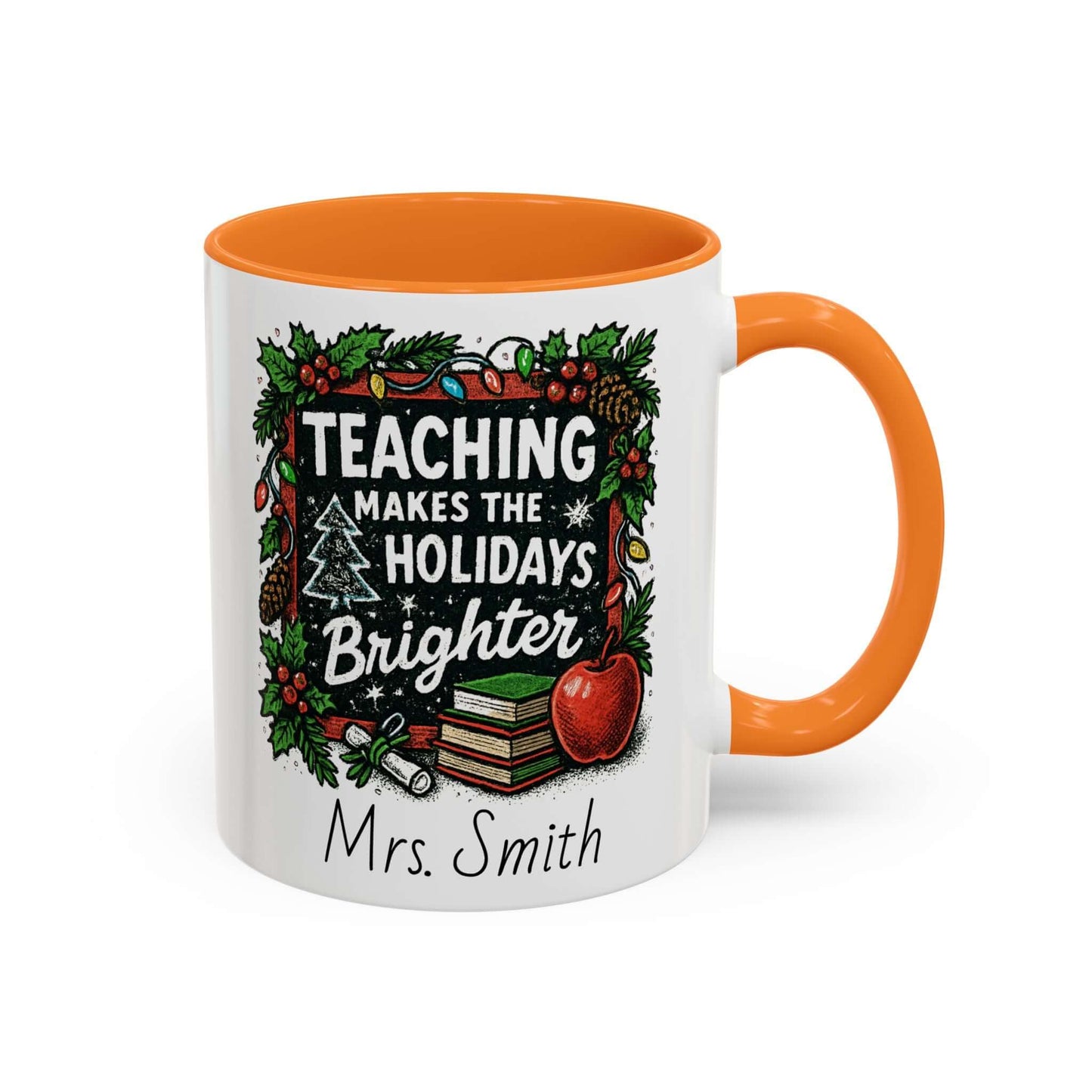 Personalized teacher holiday mug with festive design, marshmallows, and candy cane for a joyful gift.