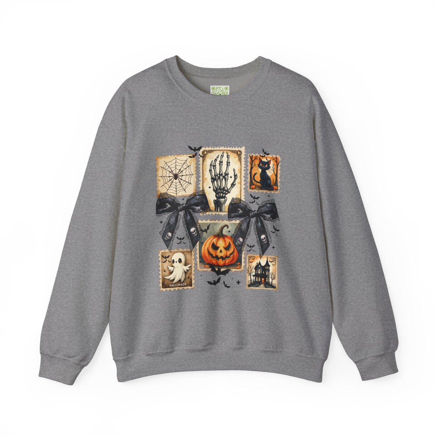 Halloween themed sweatshirt featuring spooky graphics, perfect for fall style and festive occasions.