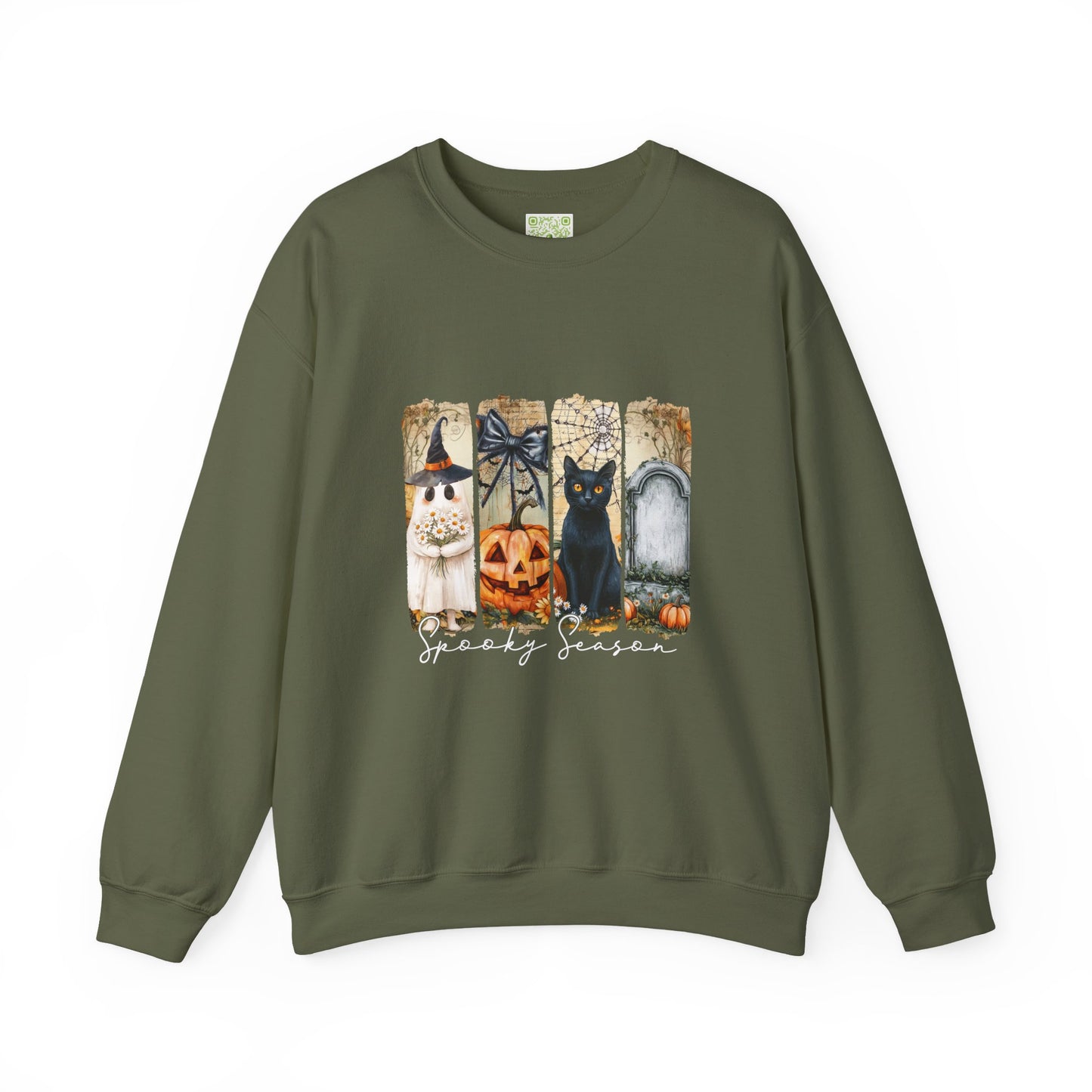 Spooky season sweatshirt featuring a pumpkin, black cat, and Halloween decorations on a cozy crewneck.