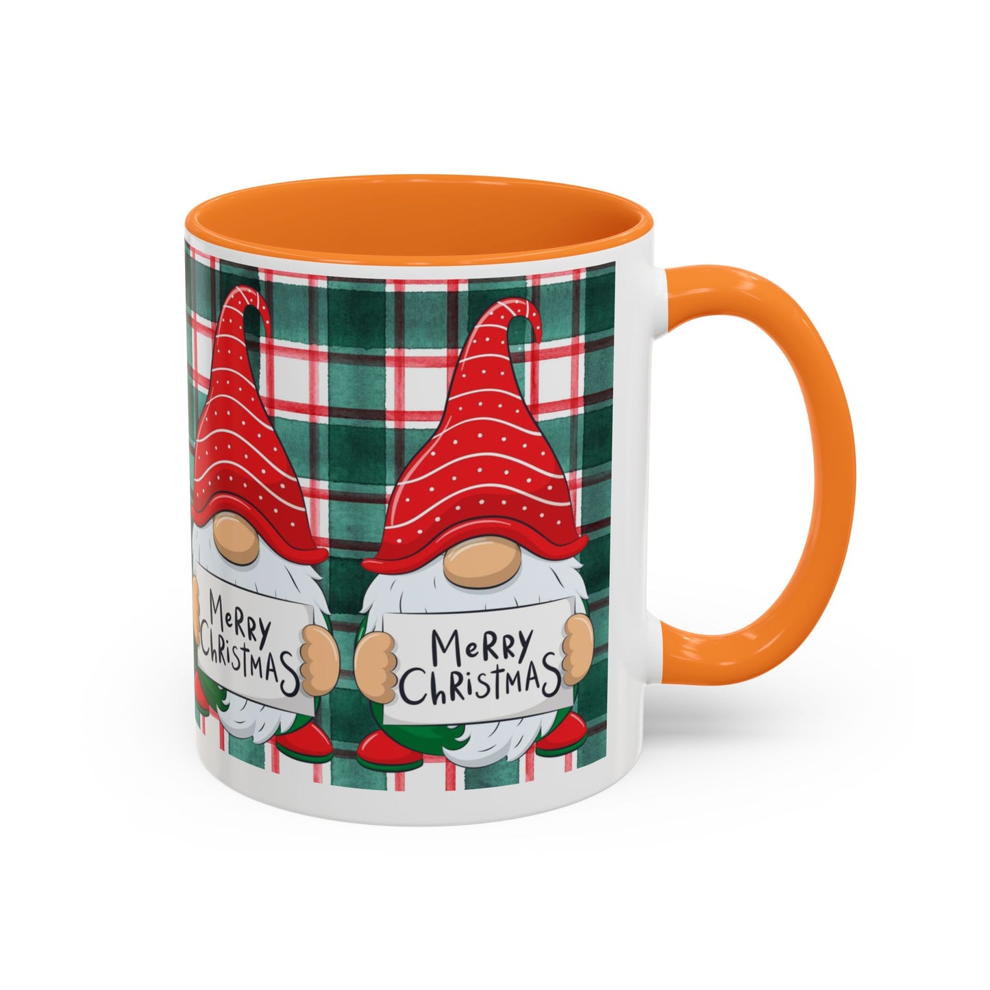 Festive Christmas gnome mug with holiday design, featuring gnomes and a plaid background.