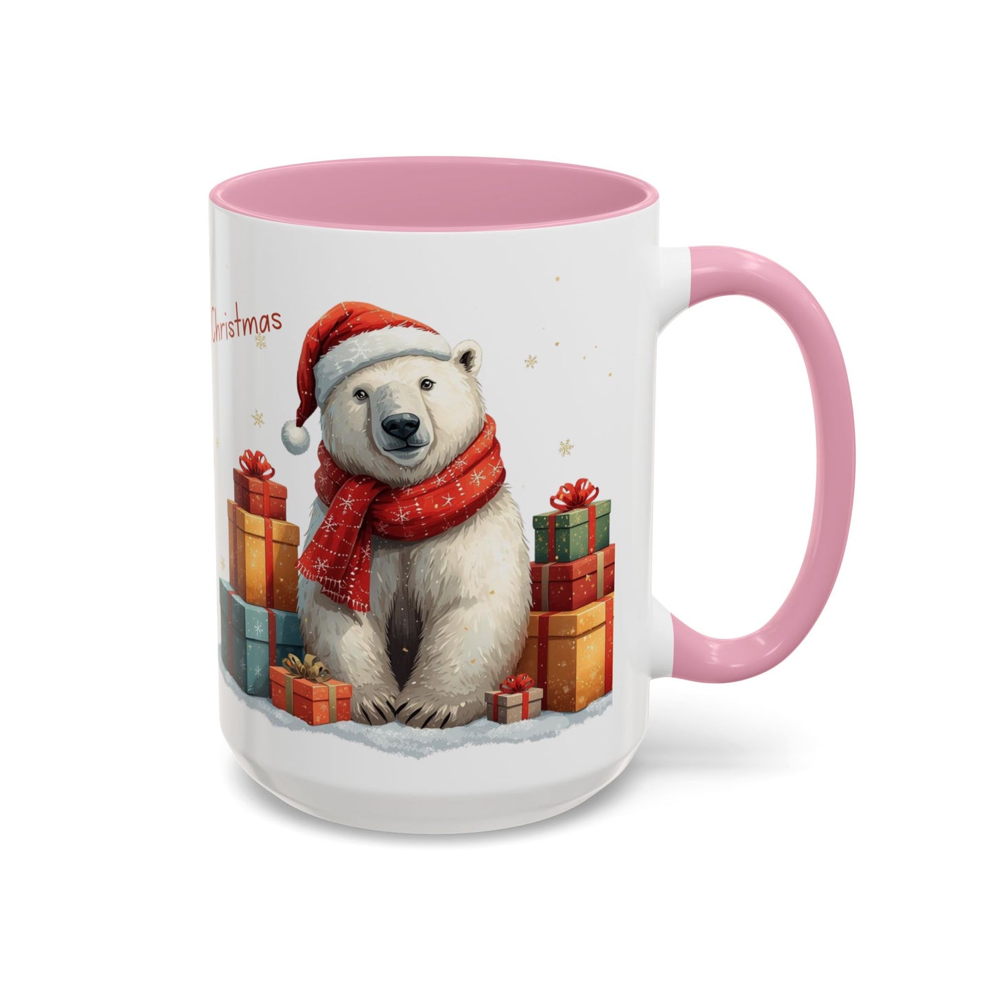 Cute Polar Bear Christmas mug with a red scarf and Santa hat, surrounded by colorful gift boxes.