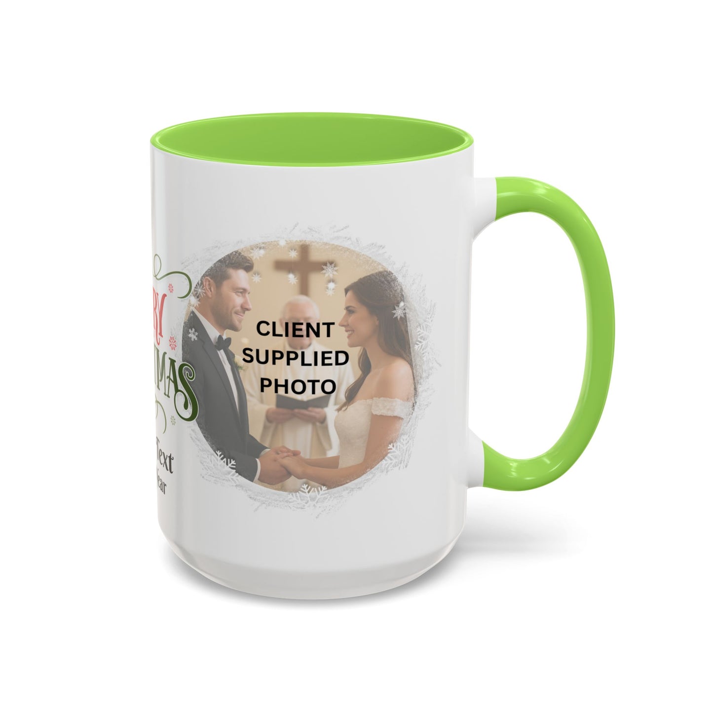 First Year Married Photo Mug featuring a couple and text 'CLIENT SUPPLIED PHOTO', with a vibrant green handle.