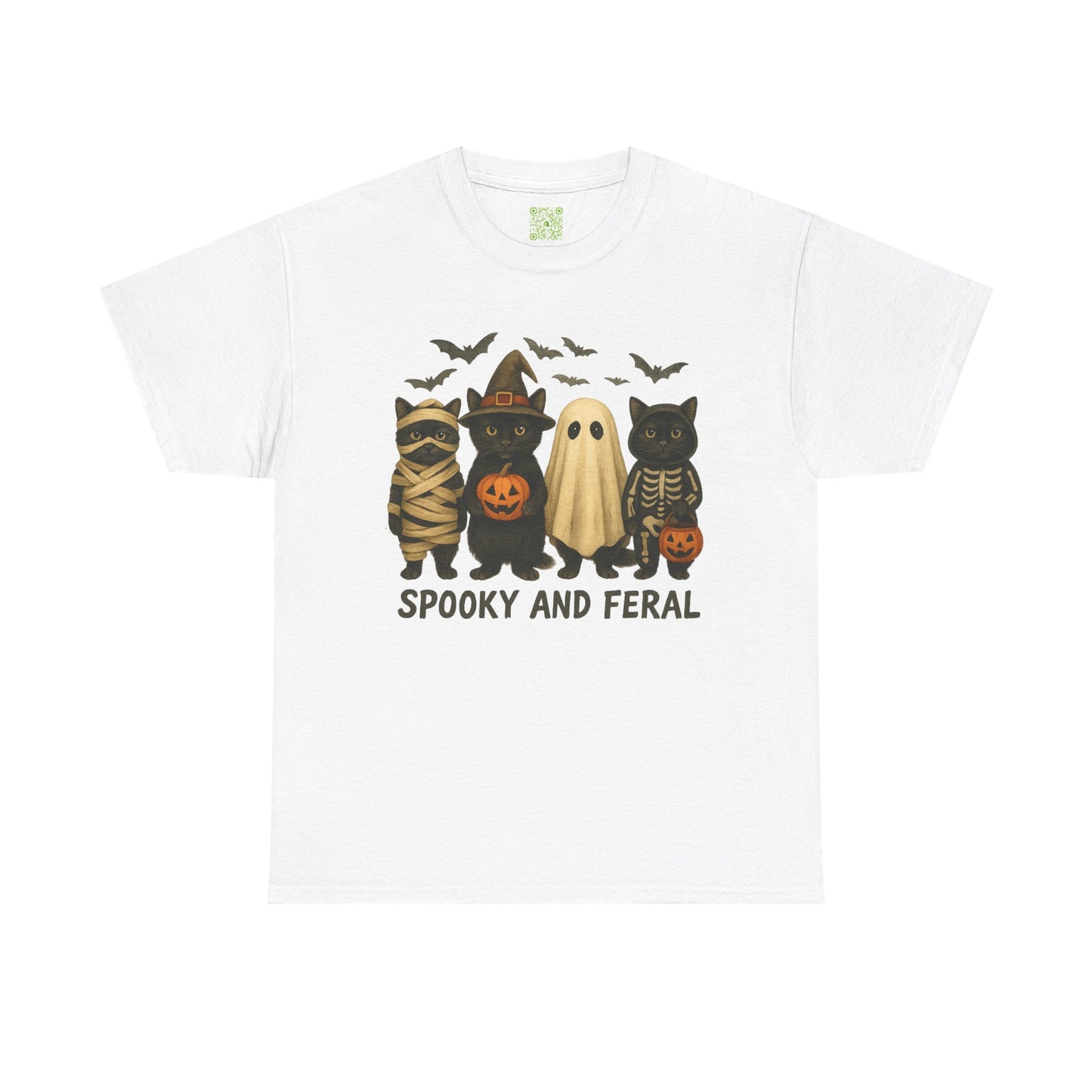spooky black cat shirt featuring four cute Halloween characters, perfect for Halloween festivities.
