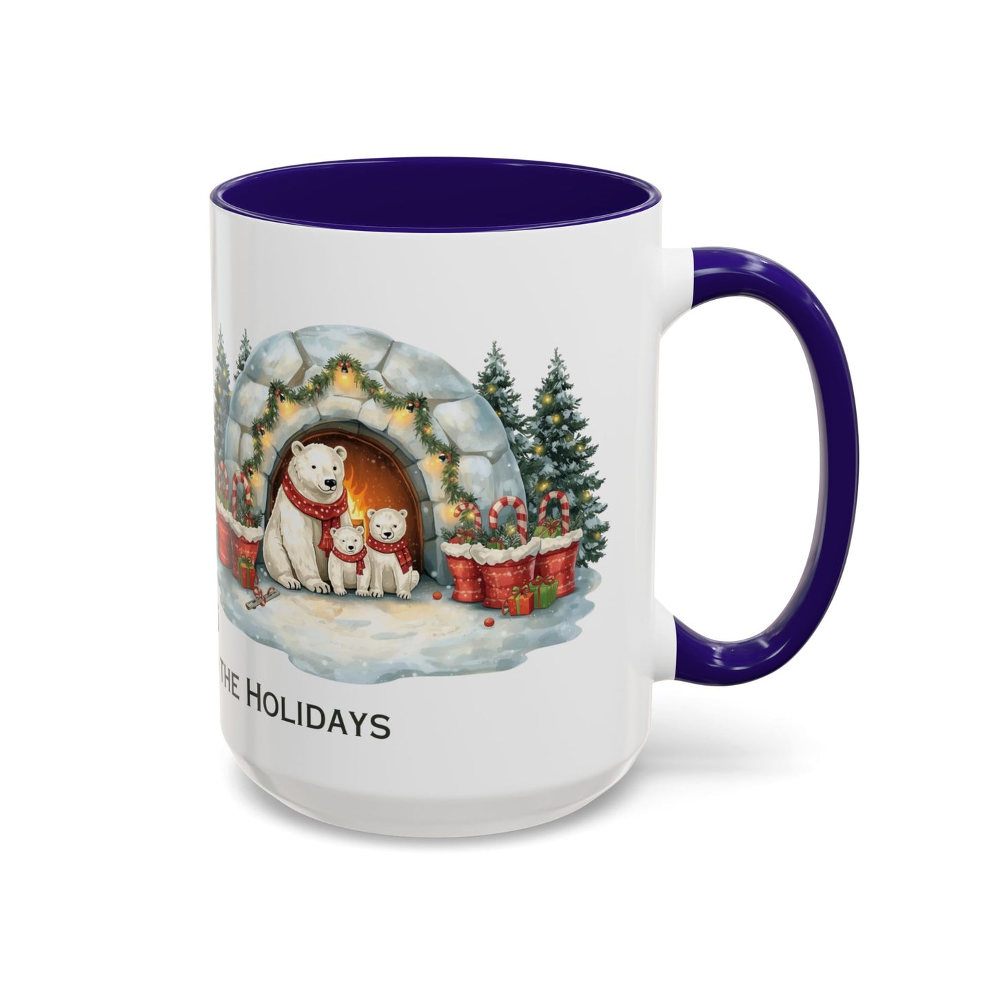 Polar Bear Christmas Mug featuring an igloo family scene with trees and holiday decorations.