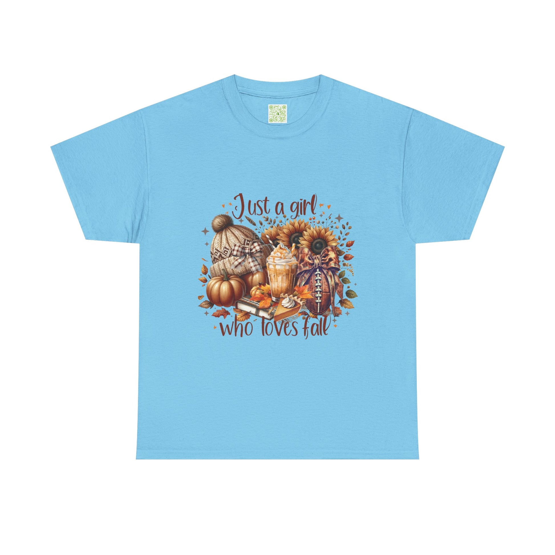 Fall-themed unisex tee featuring 'Just a Girl Who Loves Fall' design, perfect for autumn wear.
