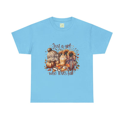  Fall-themed unisex tee featuring 'Just a Girl Who Loves Fall' design, perfect for autumn wear.