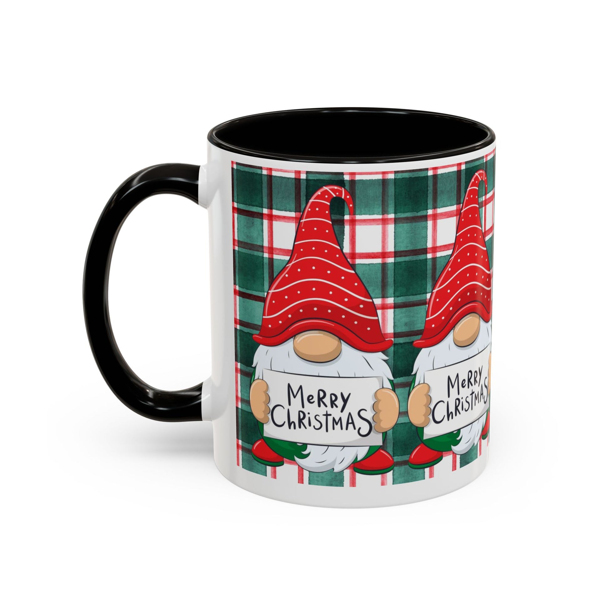 Festive Christmas gnome mug with holiday design, featuring gnomes and a plaid background.