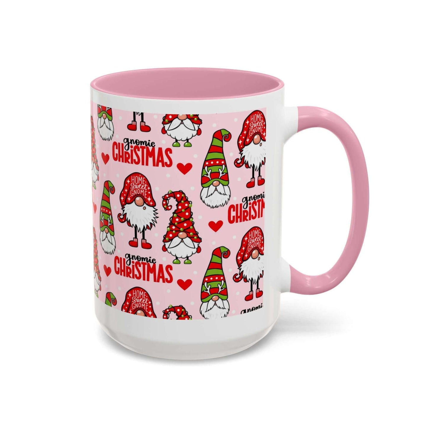 Festive Christmas Gnome Coffee Mug with pink background and whimsical gnomes, perfect for holiday cheer.