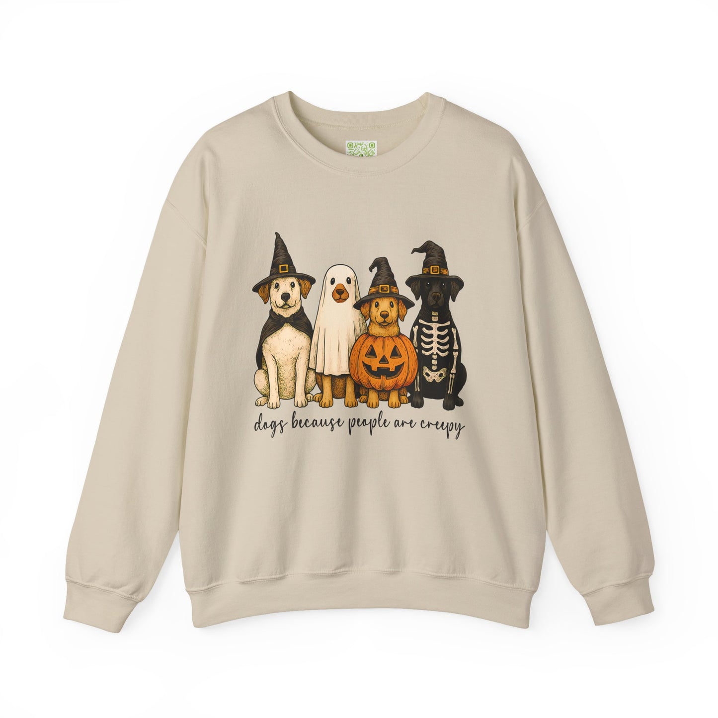 sweatshirt featuring cute dogs in Halloween costumes with text 'dogs because people are creepy'.