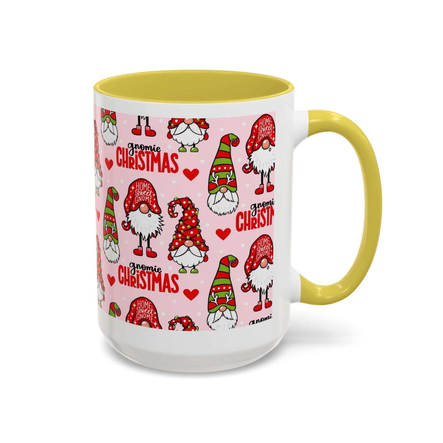 Festive Christmas gnome coffee mug with pink background and cheerful holiday designs, featuring gnomes and hearts.