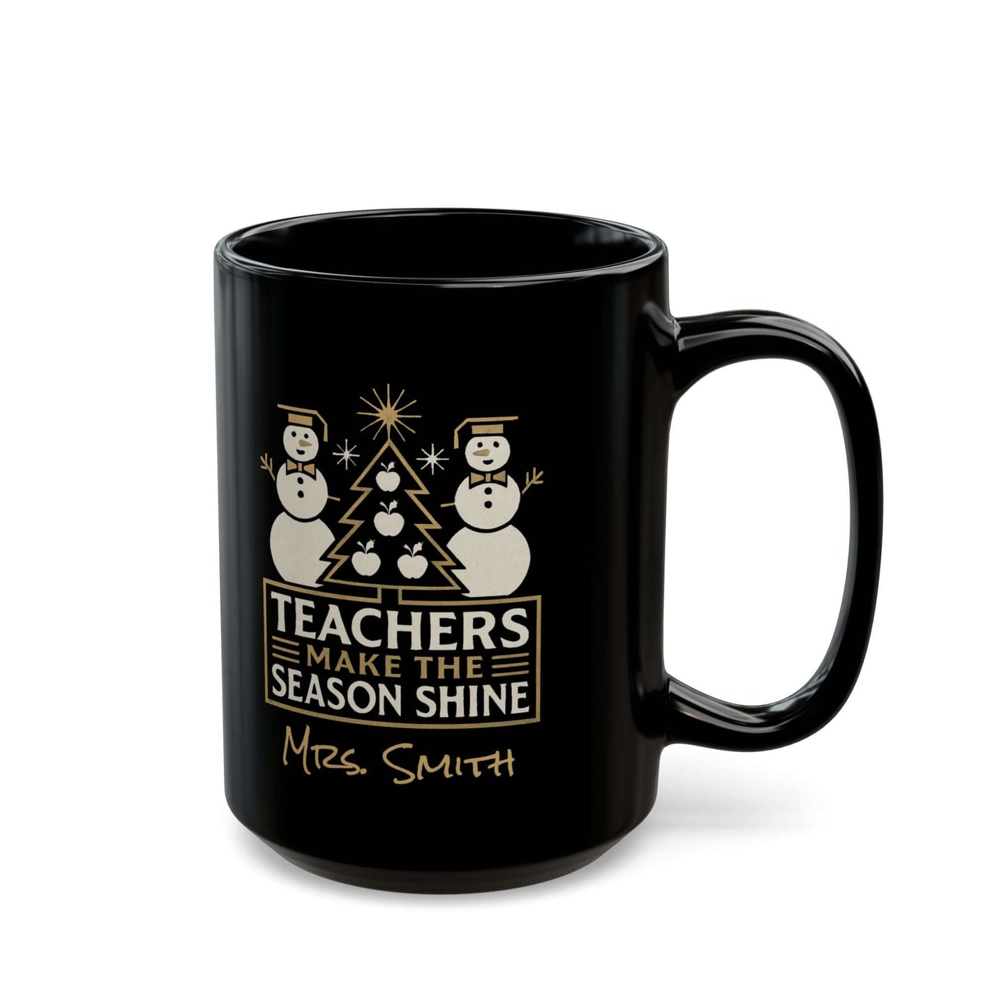 Personalized Teacher Holiday Mug with snowmen and festive design, perfect gift for educators this Christmas.