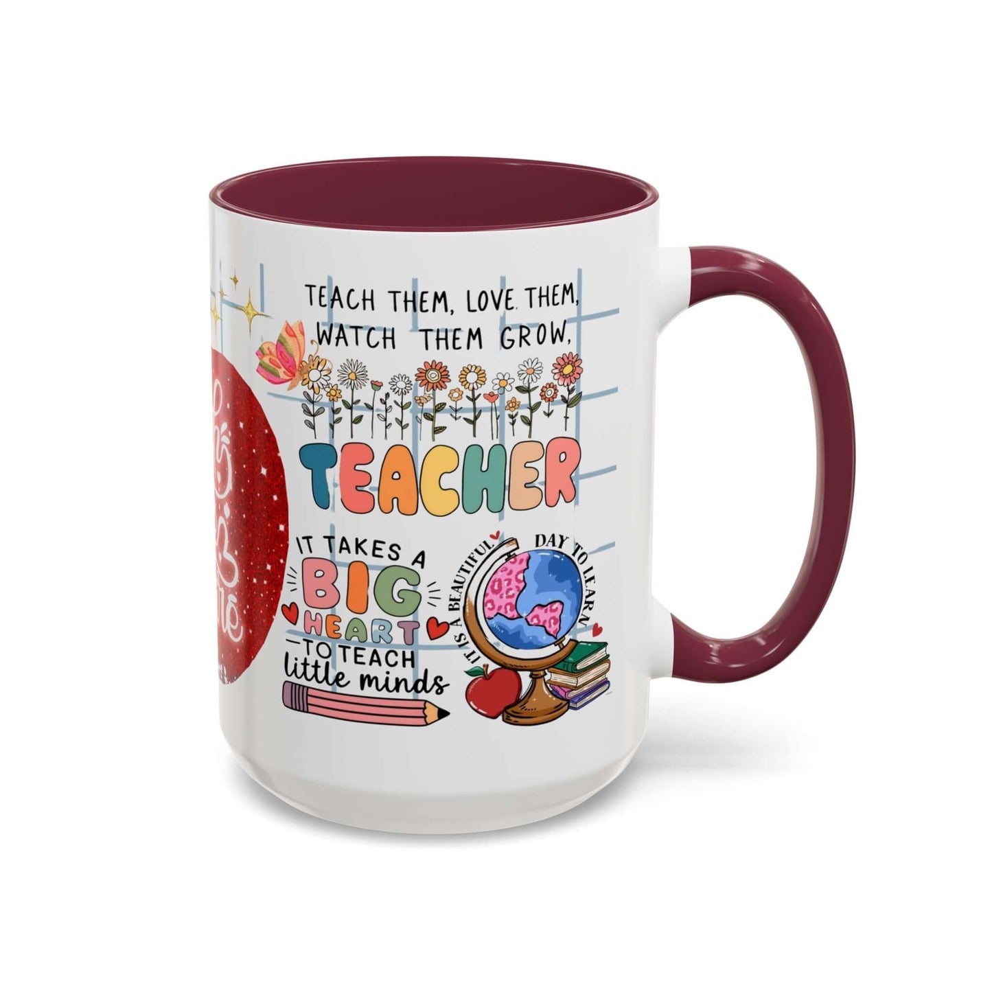 Colorful Teacher Appreciation Coffee Mug featuring inspiring quotes and illustrations, perfect gift for educators.