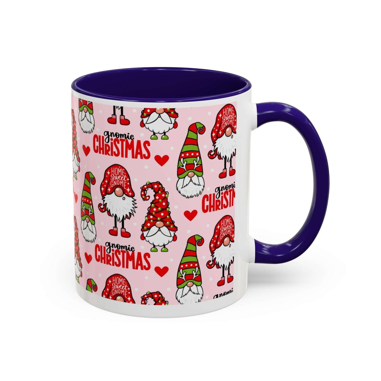 Festive Christmas gnome coffee mug with pink background and black handle, featuring whimsical gnomes and holiday designs.