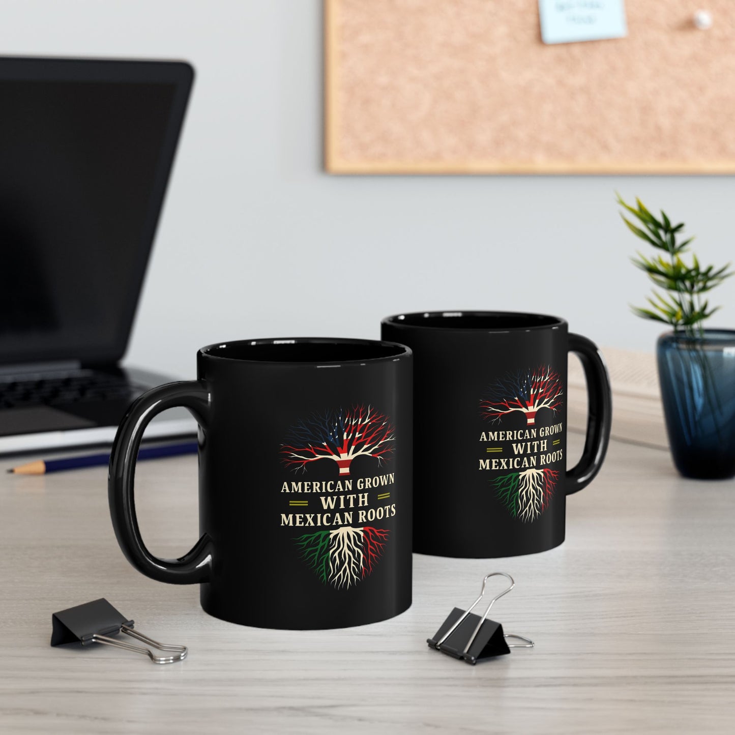 American Grown Mexican Roots Black Mug, Celebrate Heritage Mug, Mexico Culture Gift, Viva Mexico, Latin Art Mug