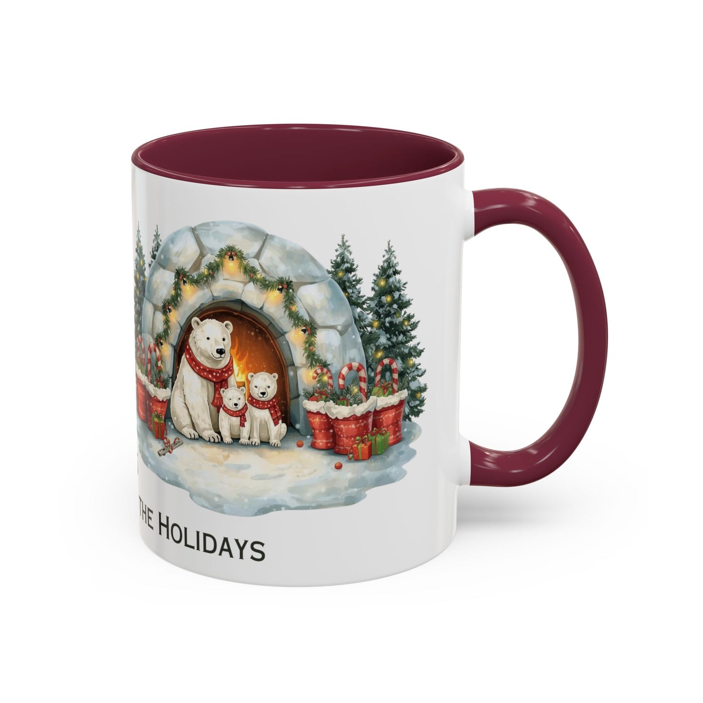 Polar Bear Christmas Mug featuring an igloo family scene with trees and holiday decorations.