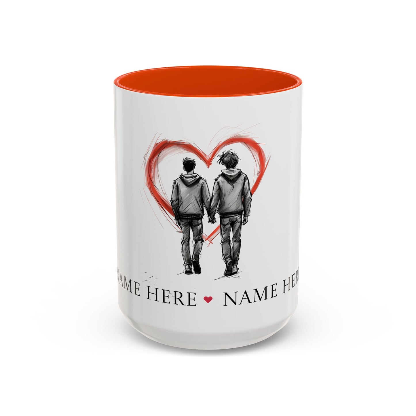 Personalized gay couple coffee mug with names, heart design, perfect for anniversaries and weddings.