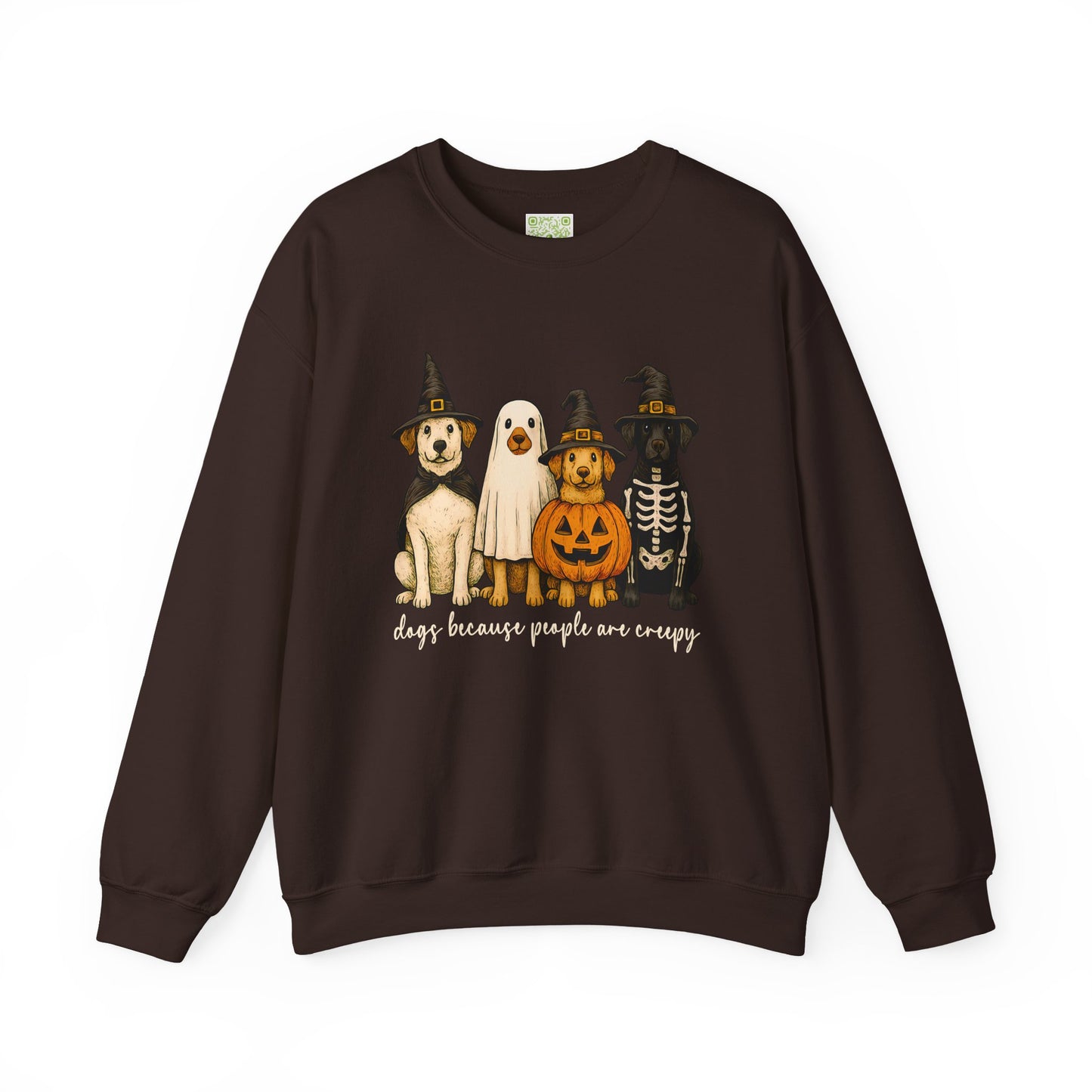 sweatshirt featuring cute dogs in Halloween costumes with text 'dogs because people are creepy'.