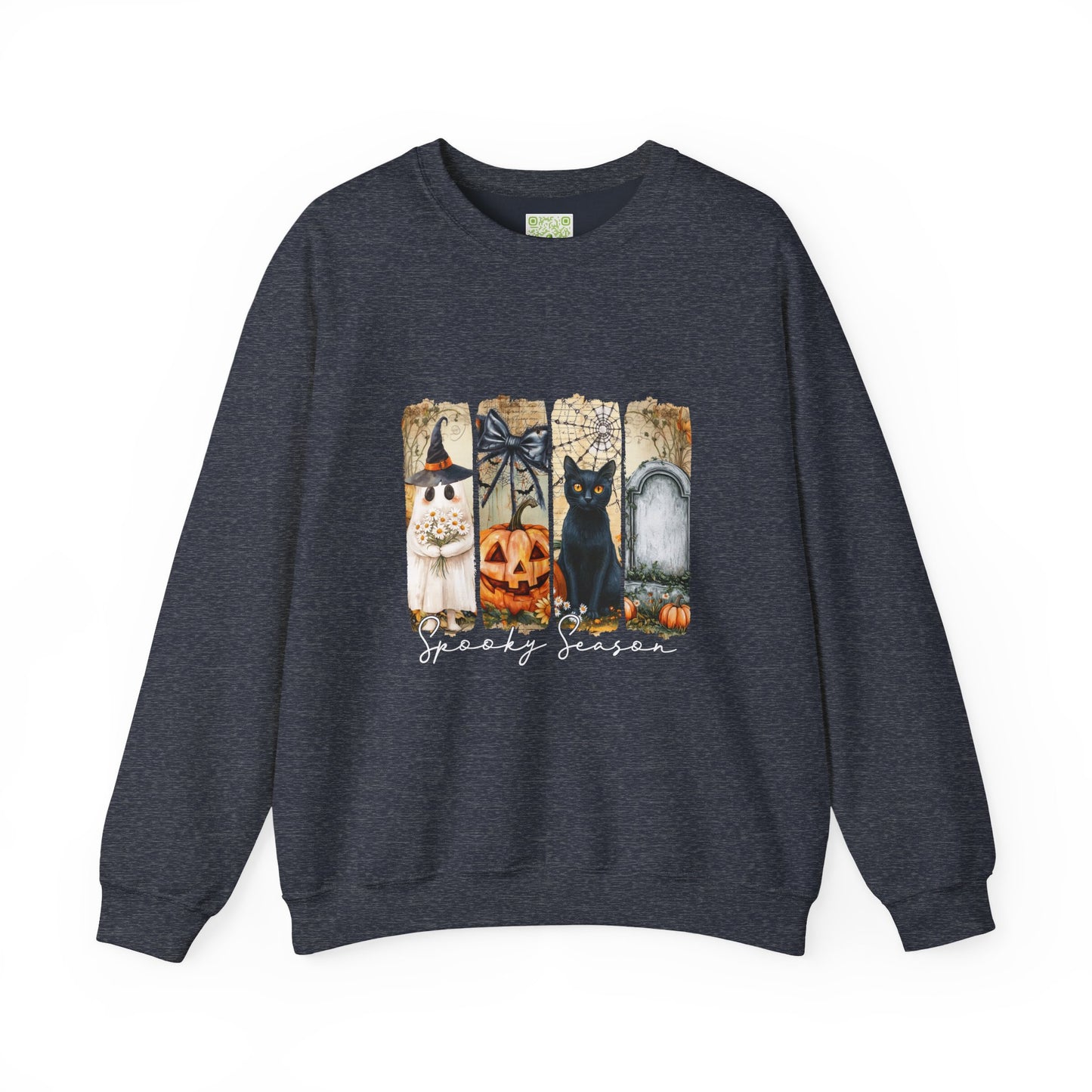 Spooky Season Sweatshirt featuring a Halloween design with a black cat, pumpkin, and ghost on a cozy navy crewneck.
