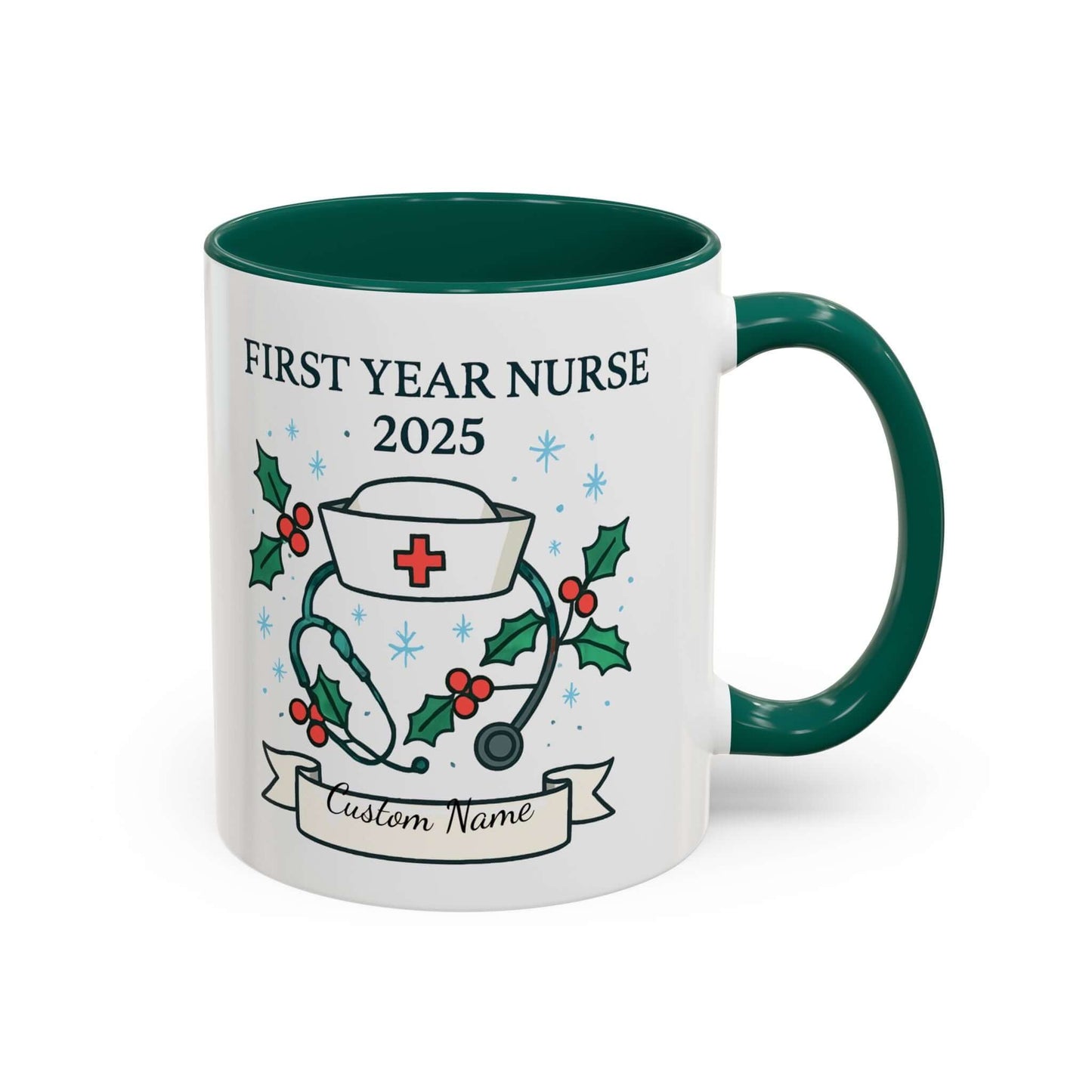 Personalized first year nurse mug with festive design and customizable name for 2025 graduation.
