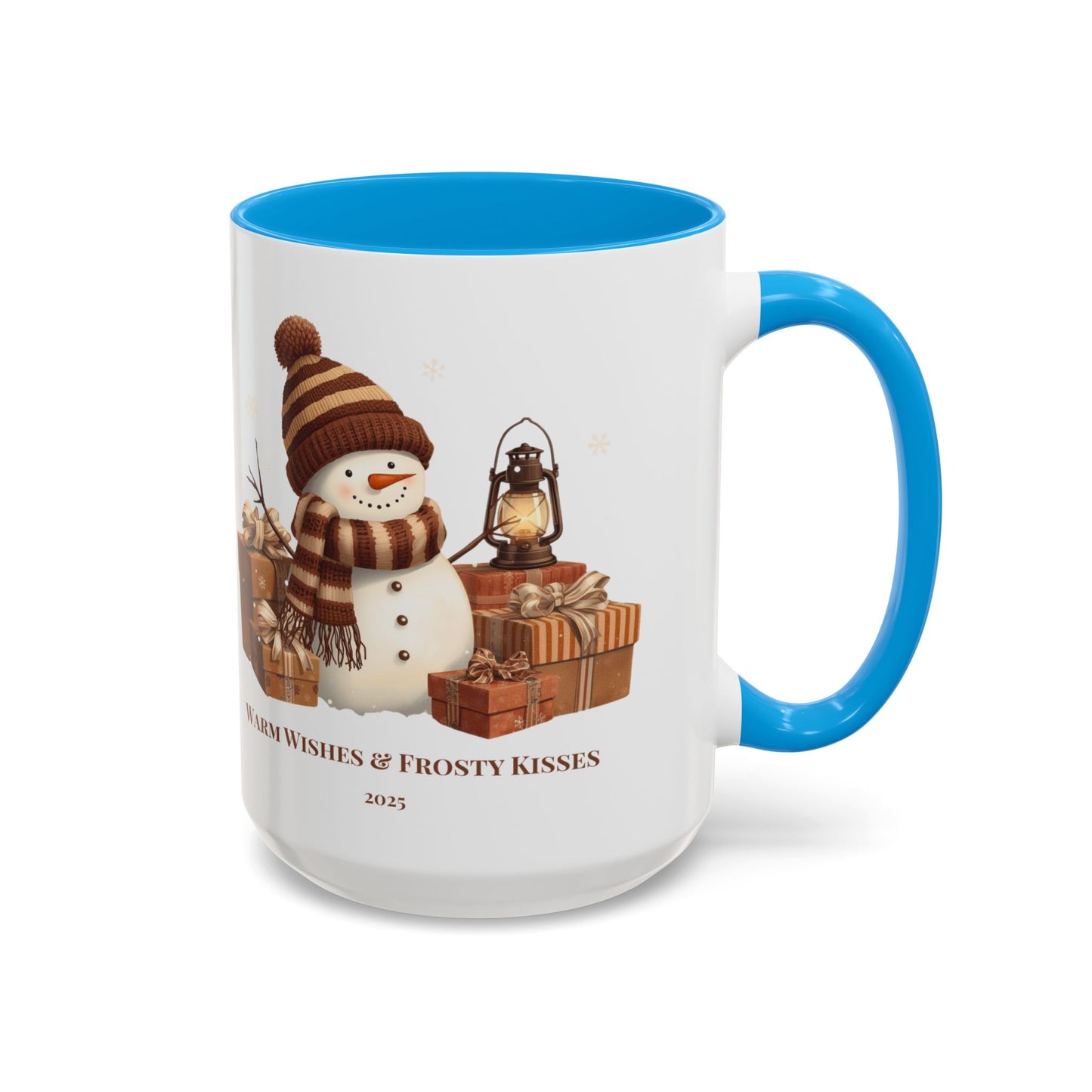 Snowman coffee mug featuring a festive design with gifts and the message 'Warm Wishes & Frosty Kisses'