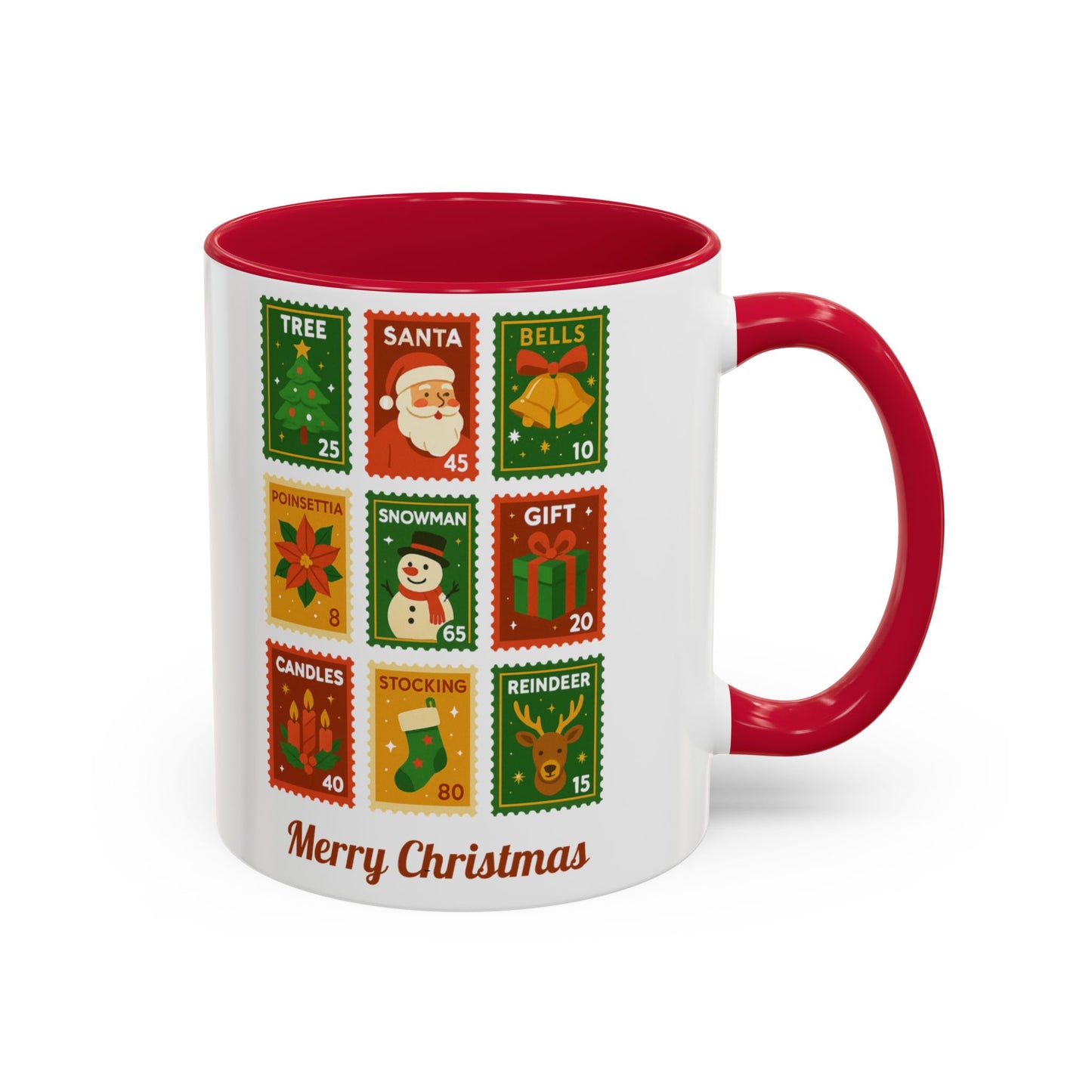 Colorful Holiday Stamp Mug, Festive Mug, Hot Cocoa Mug, Gift for Her, Secret Santa Gift, Stamp Collector, Christmas Mug