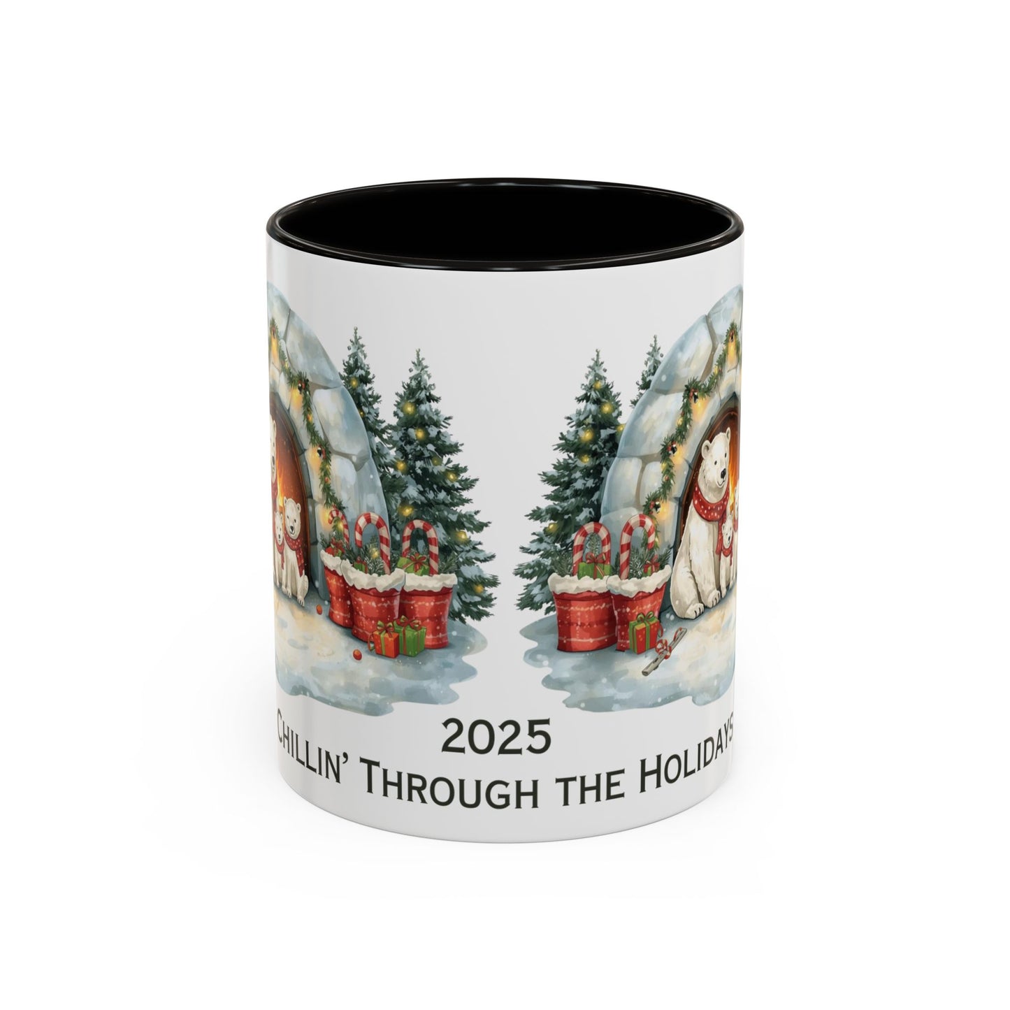Polar Bear Christmas Mug featuring an igloo family scene with trees and holiday decorations.