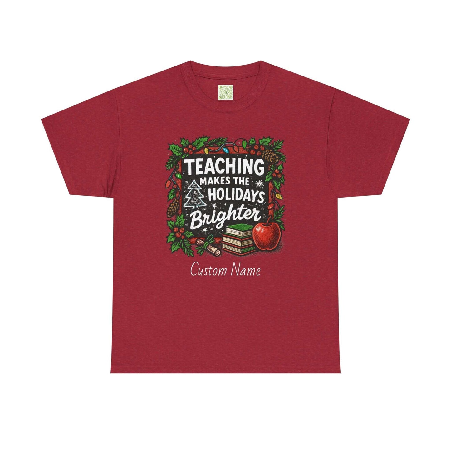 Personalized teacher holiday t-shirt in red with festive design and custom name. Perfect gift for teachers.