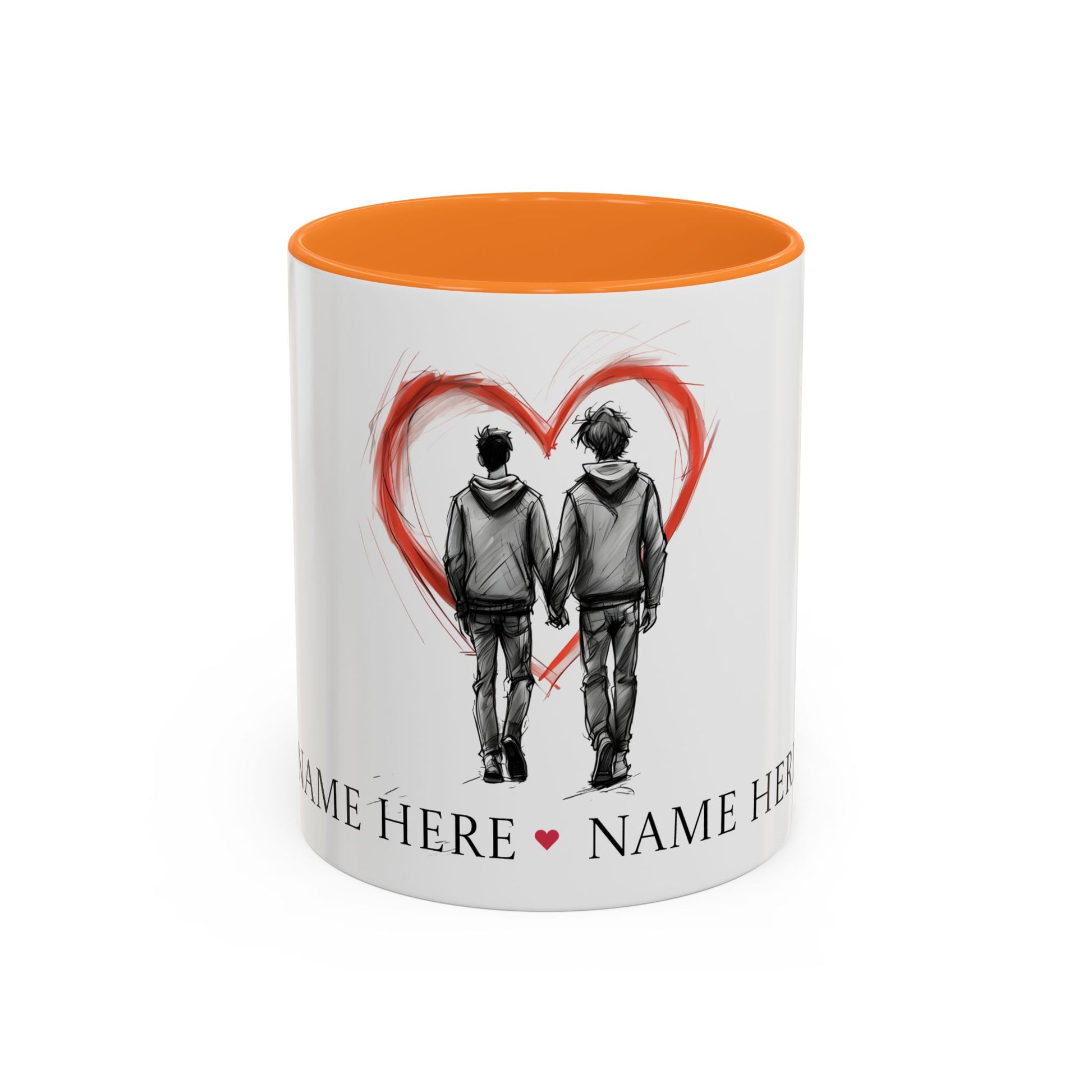 Personalized gay couple coffee mug with names, heart design, perfect for anniversaries and weddings.
