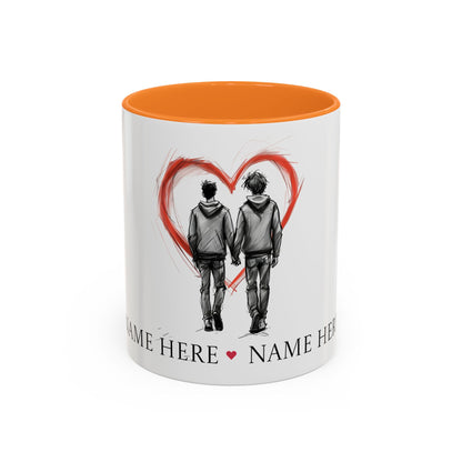 Personalized gay couple coffee mug with names, heart design, perfect for anniversaries and weddings.