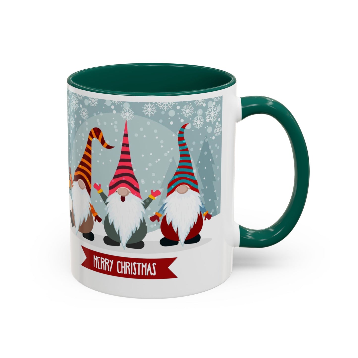 Merry Christmas gnome mug featuring colorful gnomes in festive hats, perfect for holiday coffee.