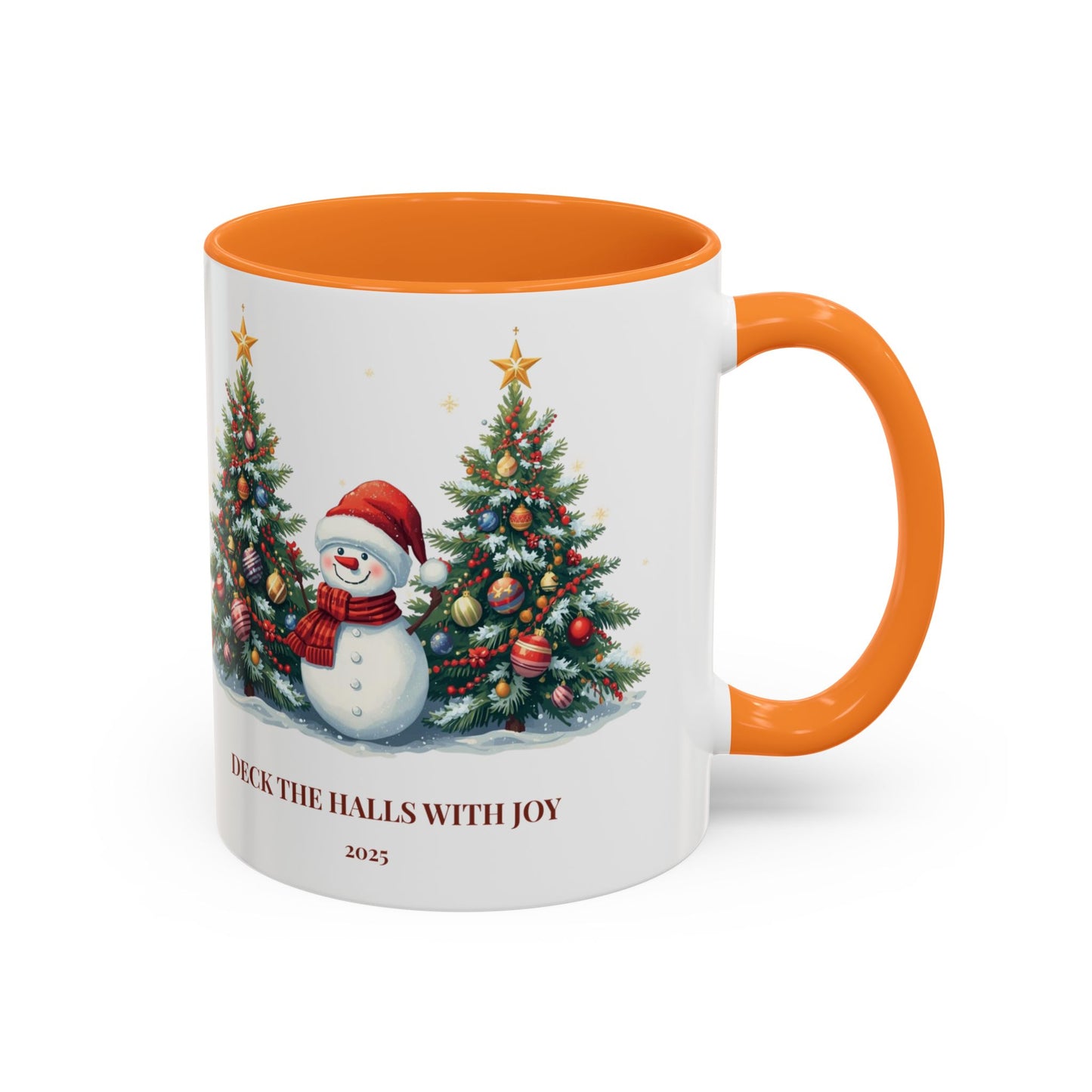 Christmas snowman mug with festive tree design, perfect for holiday drinks and cozy moments.