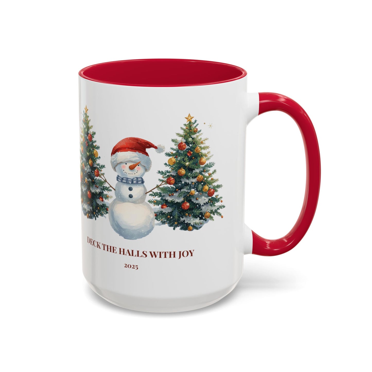 Festive snowman coffee mug featuring cheerful Christmas trees and a joyful holiday design.